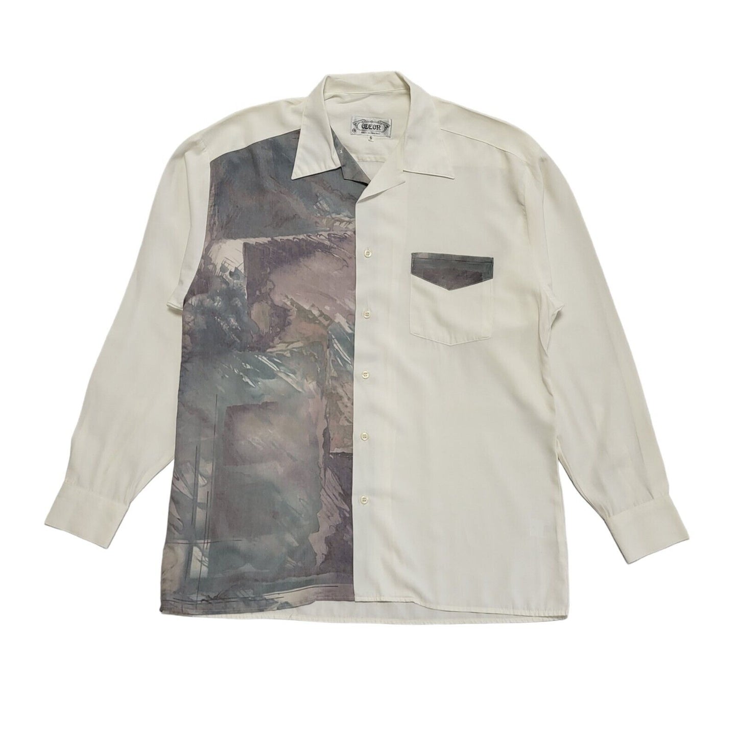 Odeon 90's Vintage White, Green & Grey Retro Long Sleeve Shirt Mens UK Size S