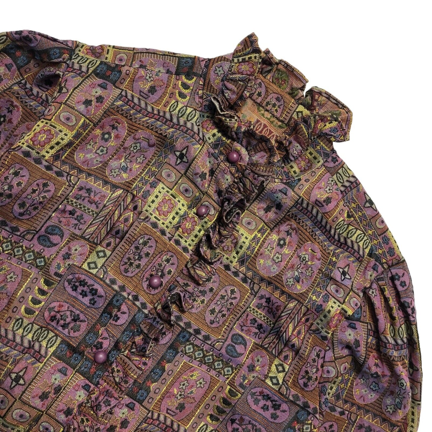 Vintage 70's Purple Gold Patterned Ruffled Trim Long Sleeve Dress Womens UK M 10