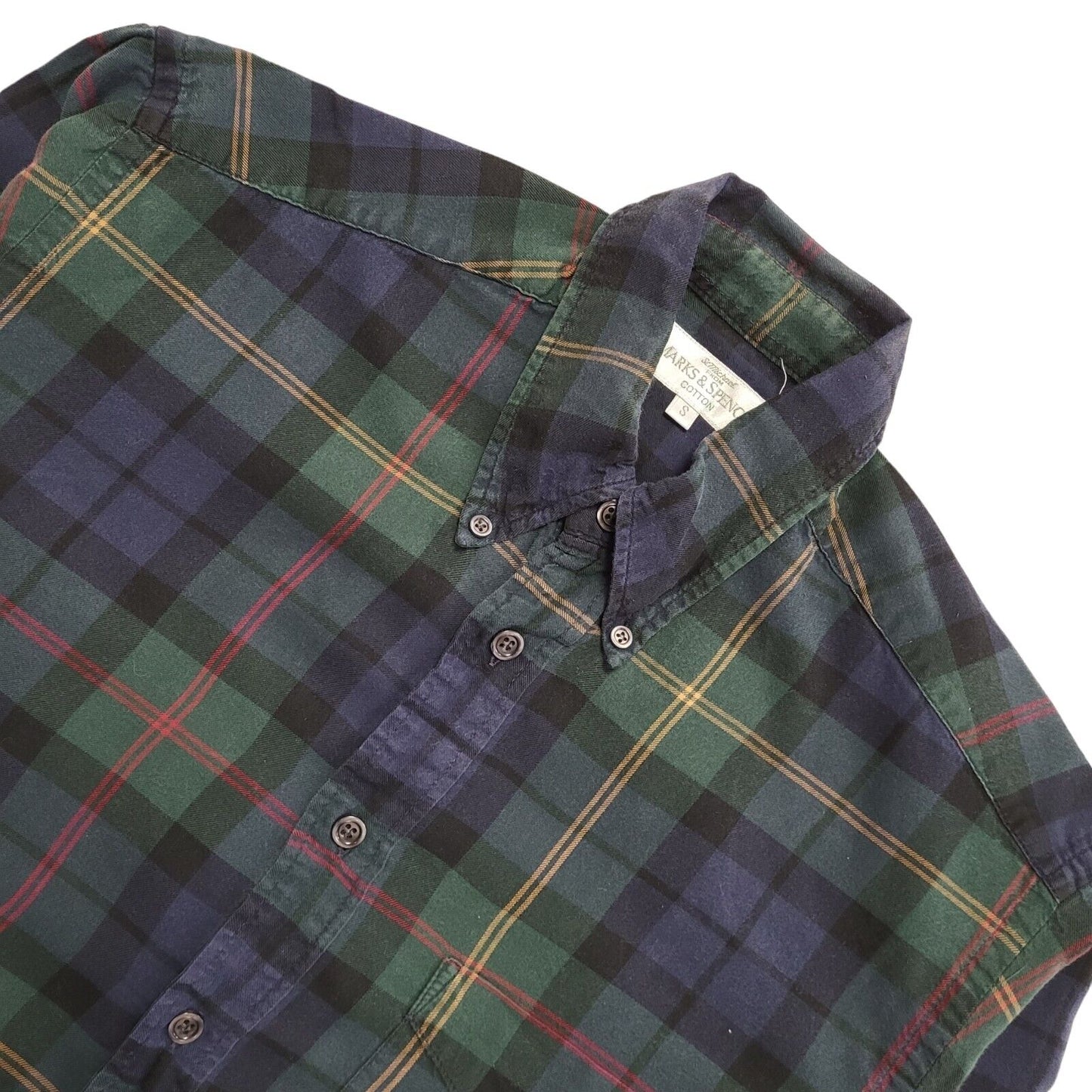 Marks & Spencer Vintage 90s Blue Green Check Long Sleeve Shirt Uk Men's Size S