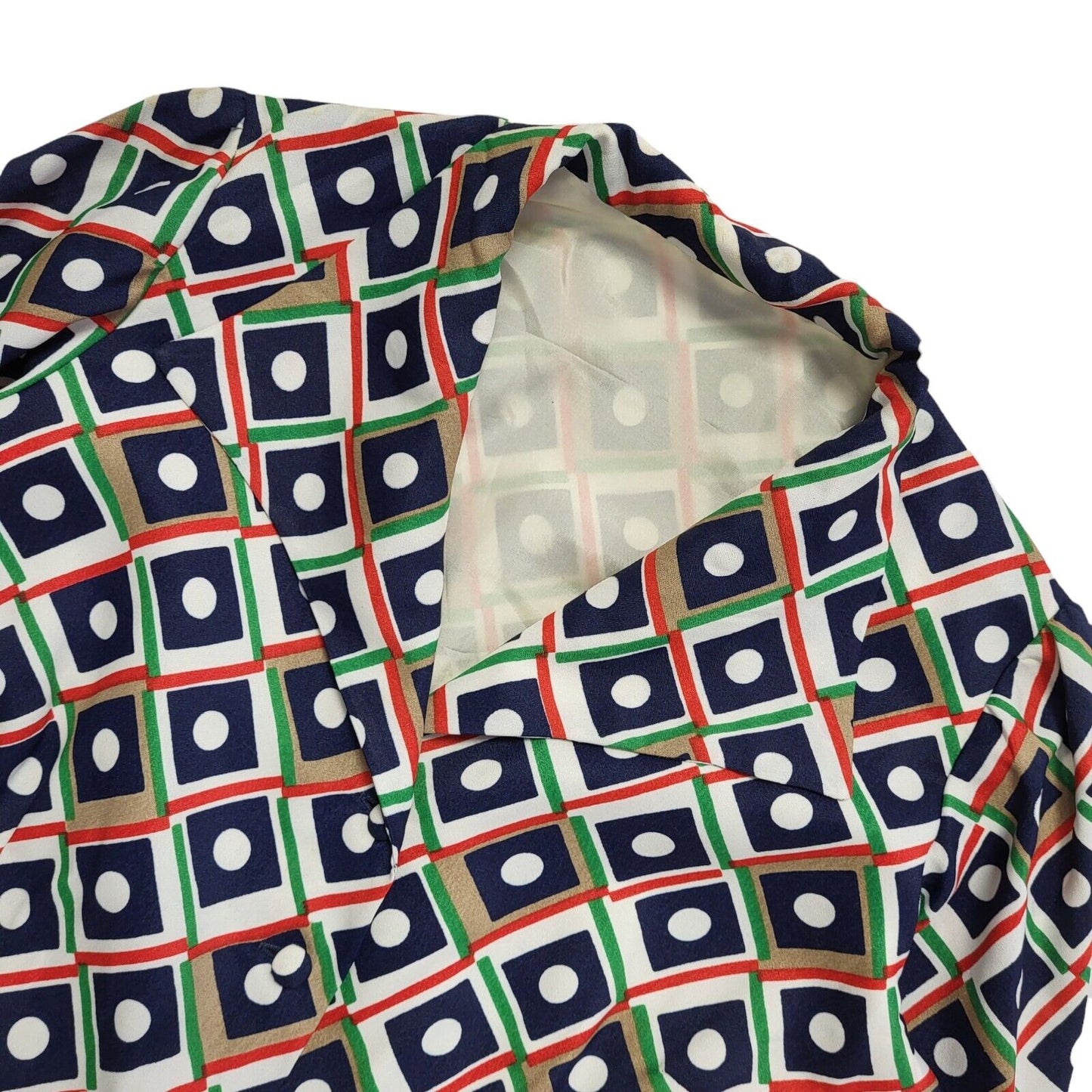 70s Vintage Blue, White, Green & Brown Geometric Collared Dress Women's 14