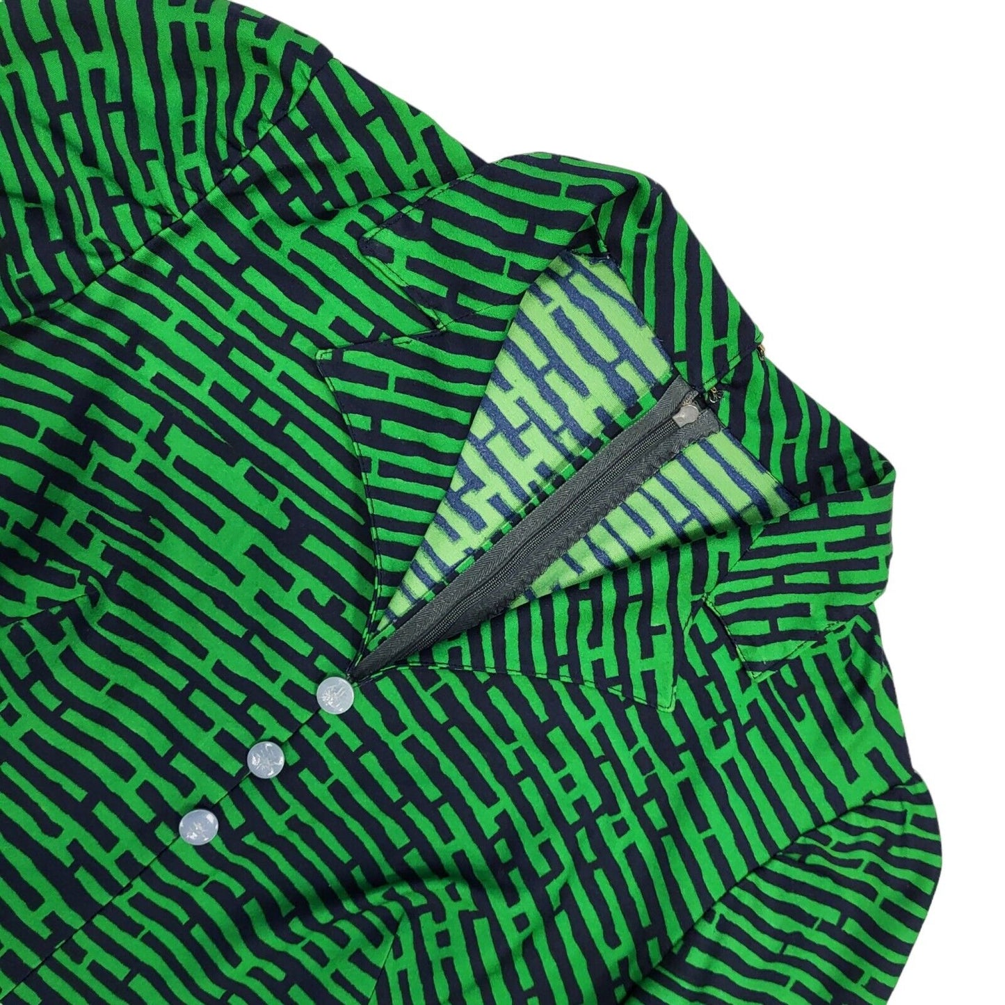 70s Vintage Green Abstract Collared Daywear Dress Women's 12
