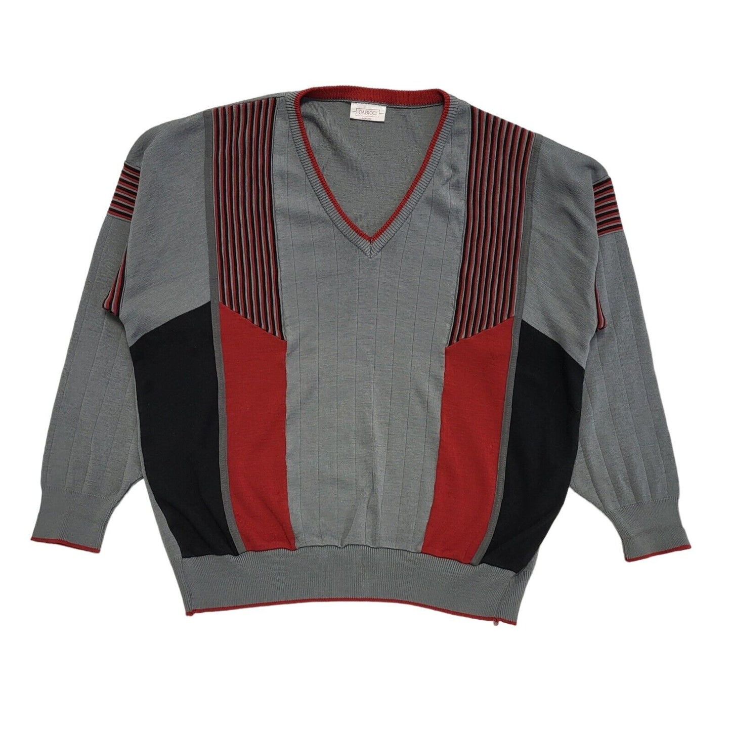 Gabicci Vintage 80s Grey Red Striped V-Neck Jumper Men's UK 2XL