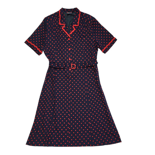 Presence Vintage 80s Blue Red Polka Short Sleeve Daywear Dress Uk Women's 18