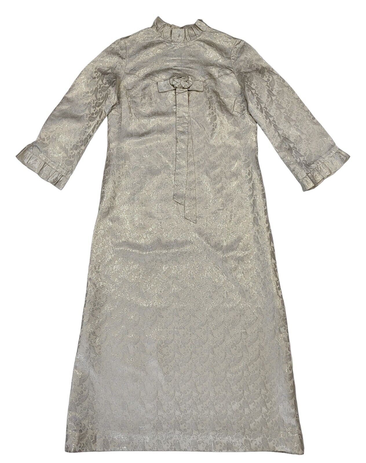 70s Vintage Beige & Silver Stitched Paisley Maxi Dress Women's Size 14