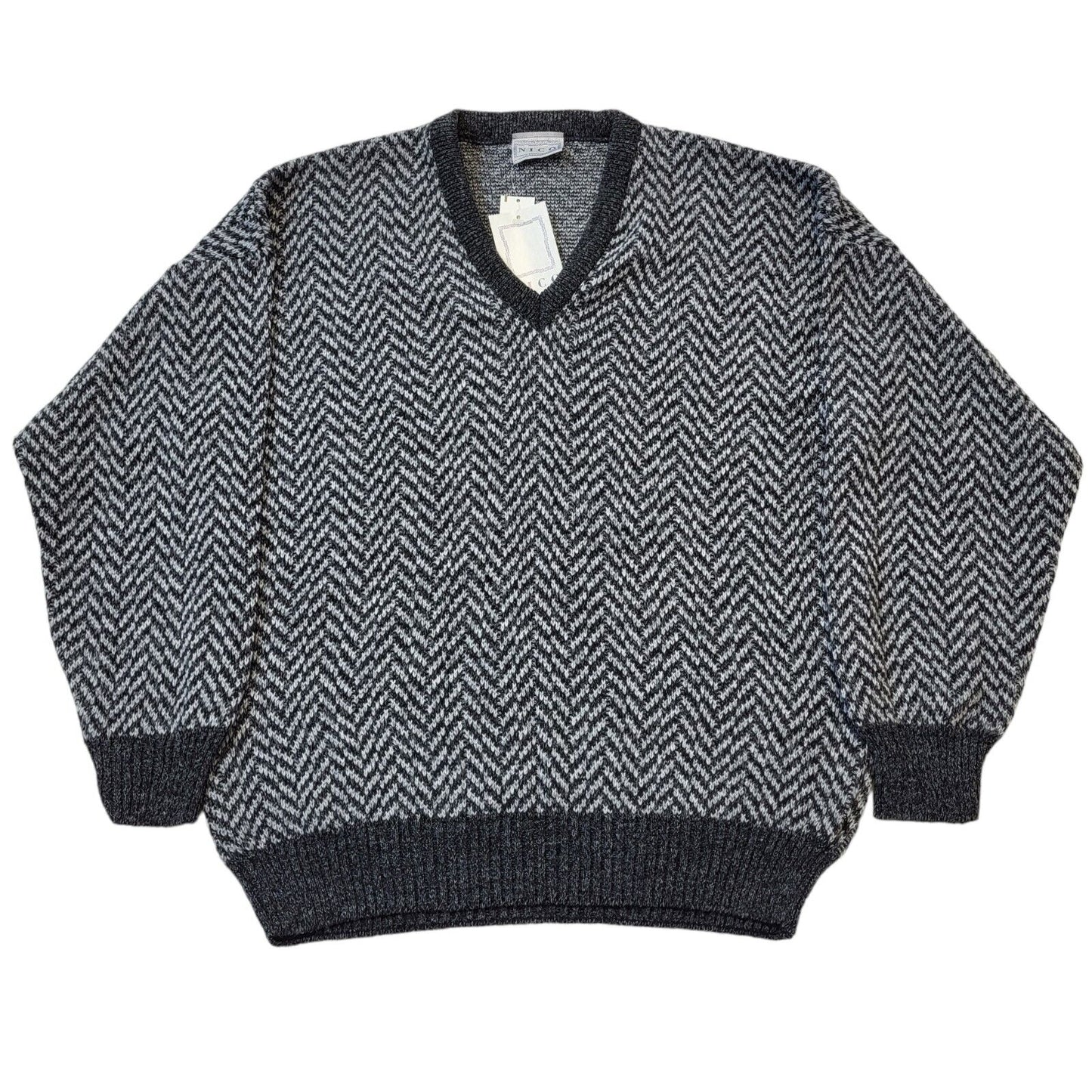 Nico 90s Vintage Grey Herringbone V-Neck Acrylic Men's Size L BNWT