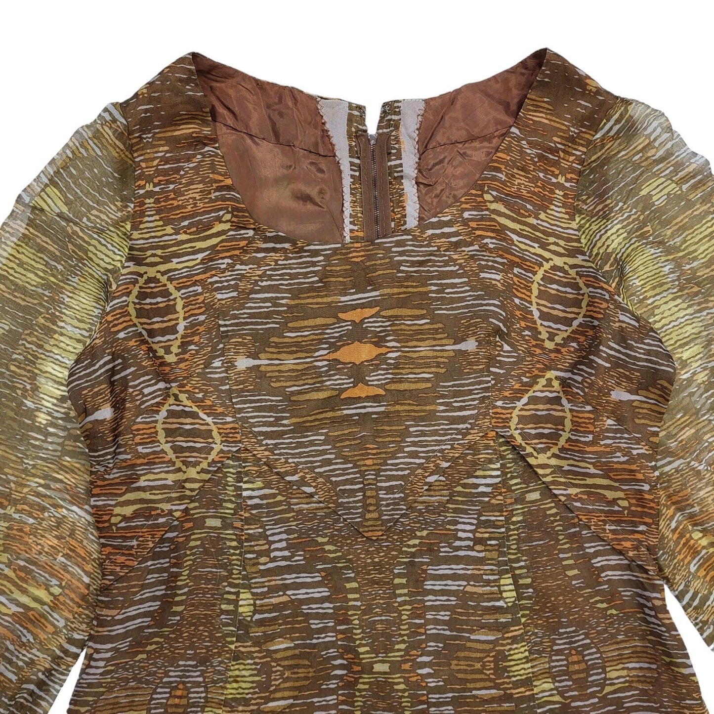 70s Vintage Brown Abstract Patterned Long Sleeved Maxi Dress Women's 10