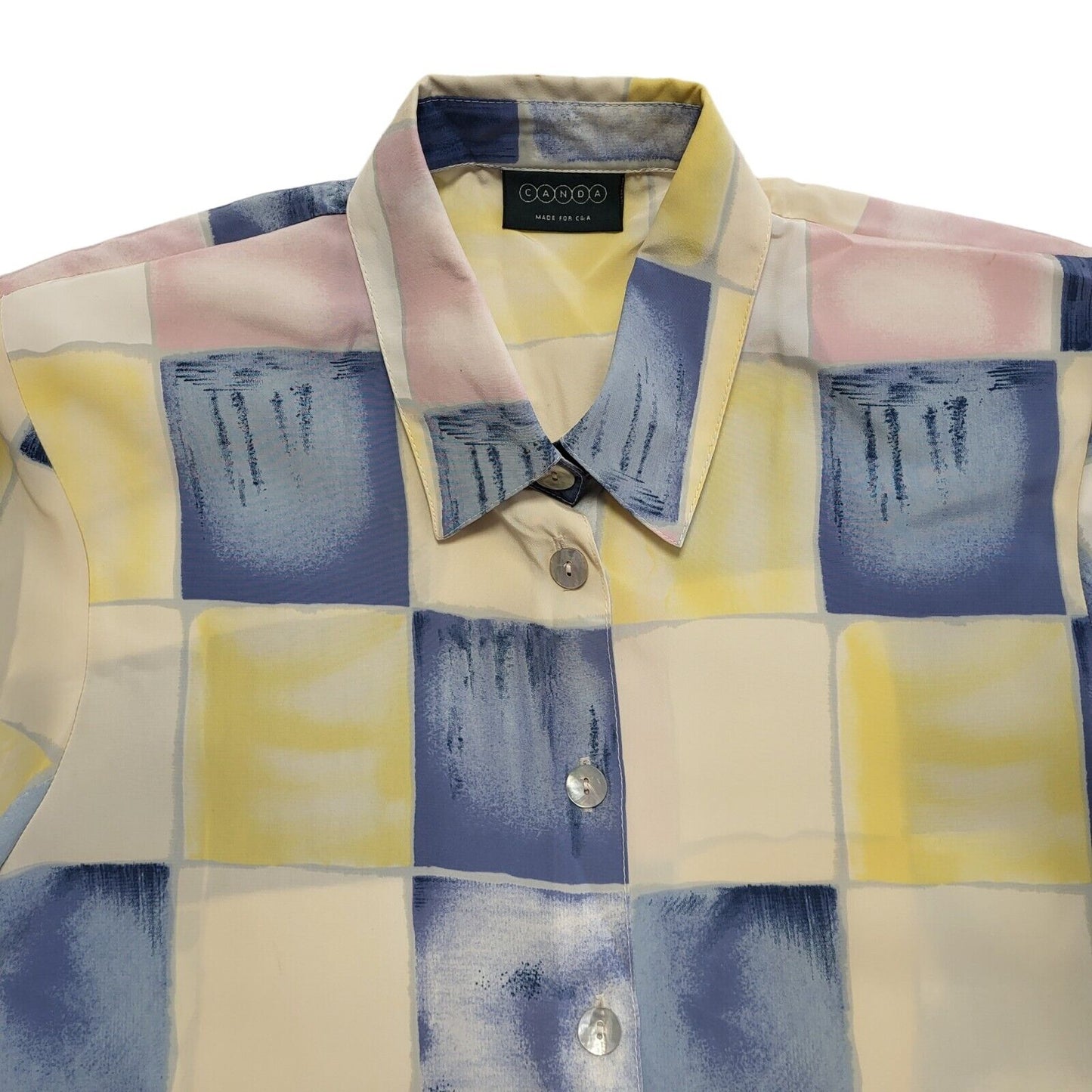 Canda Vintage 80s Abstract Check Mother Of Pearl Button Blouse Women's Uk 12