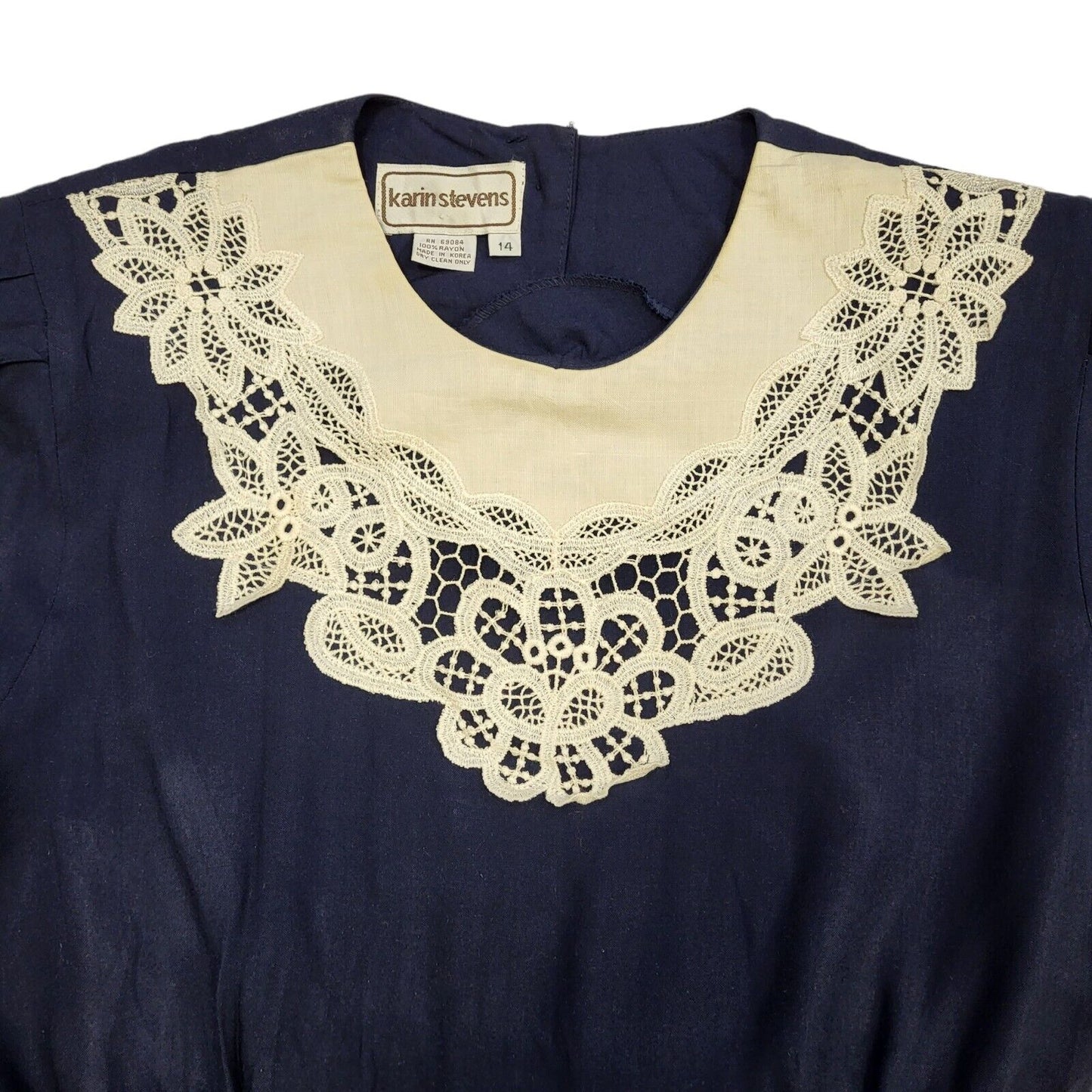 80s Vintage Karin Stevens Navy Lace Trim Dress Women's Size M