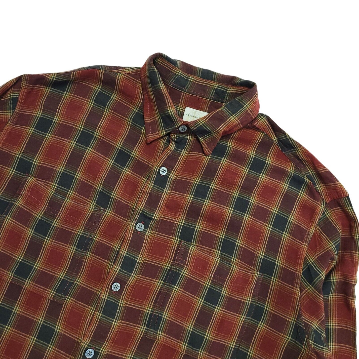 Calvin Klein 90's Red & Black Plaid Long Sleeve Shirt Mens UK M
