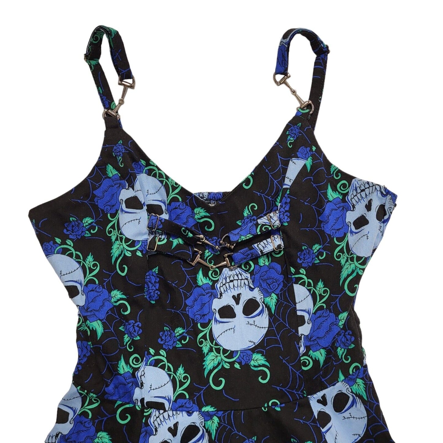 Jawbreaker 90s Vintage Blue & Black Skull Print Skater Dress Women's Size 8