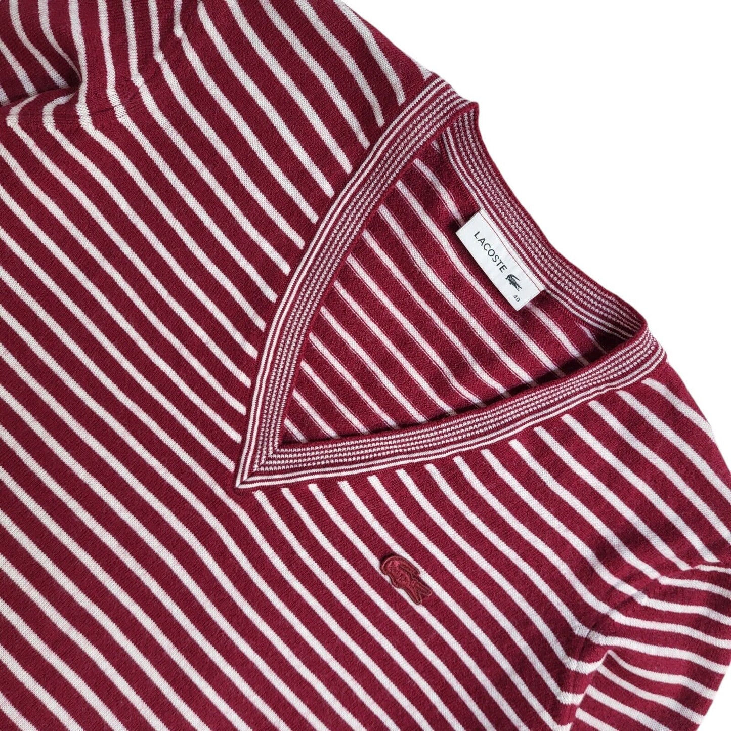 Lacoste Vintage 90's Red & White V-Neck Jumper UK Women's Size 10/12