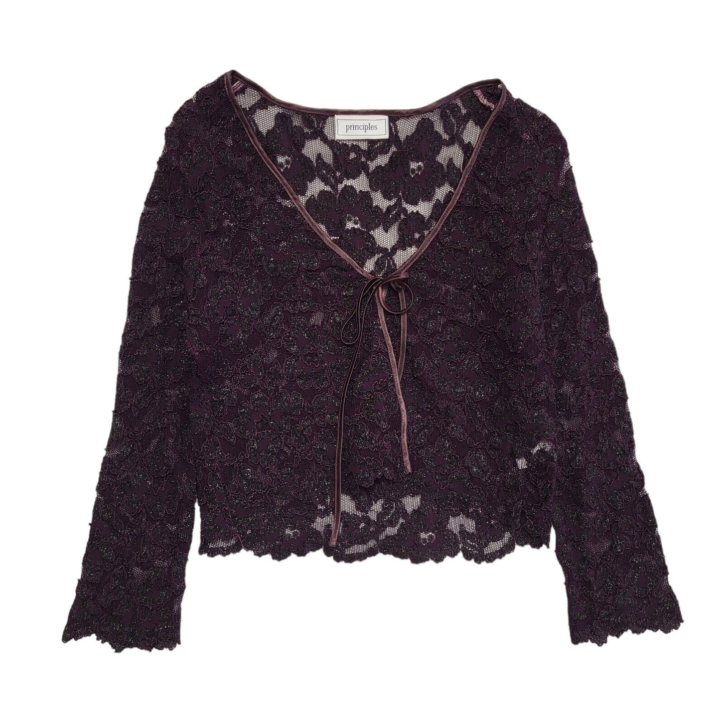 Principles Y2K Purple Floral Lace Tie Front Cardigan Womens UK Size 12