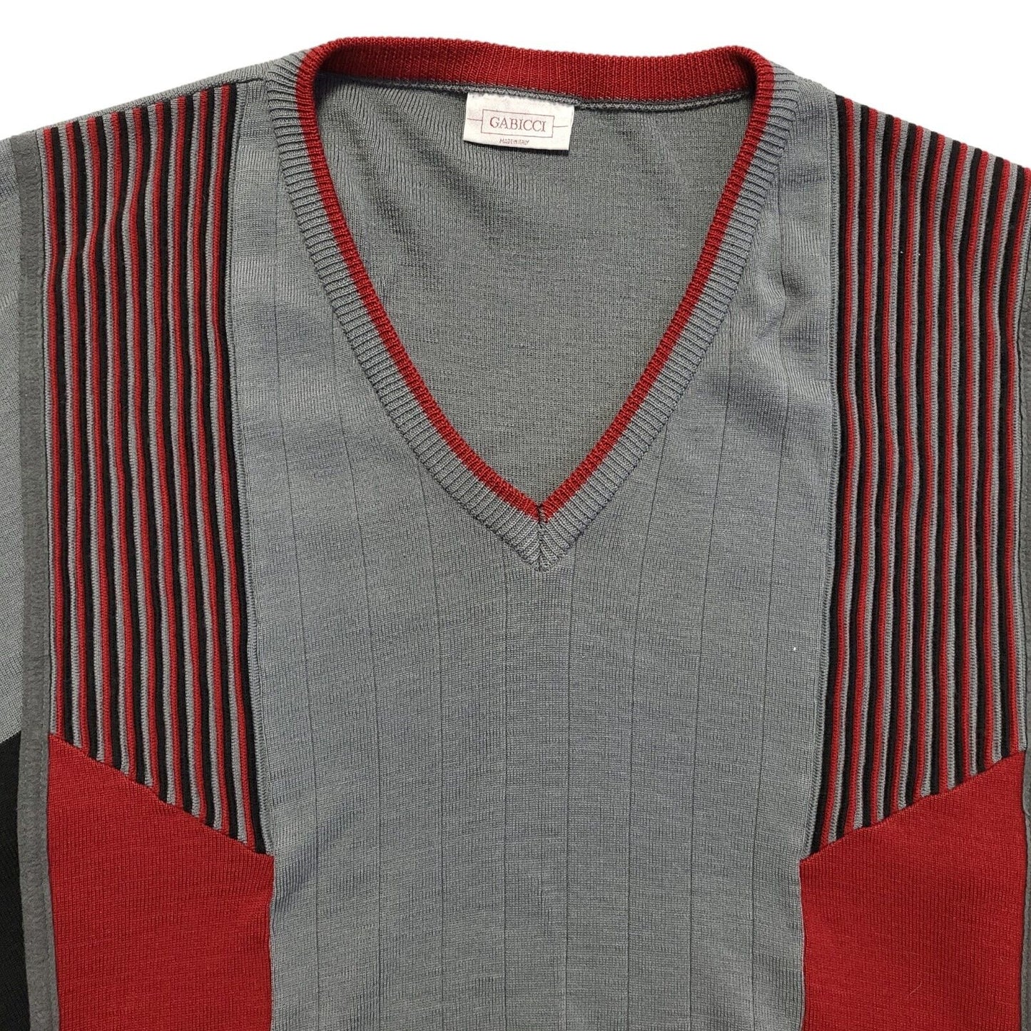 Gabicci Vintage 80s Grey Red Striped V-Neck Jumper Men's UK 2XL