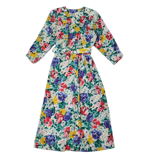 Demaro Vintage 80s White Purple Green Floral Belted Dress Uk Women's Size 10