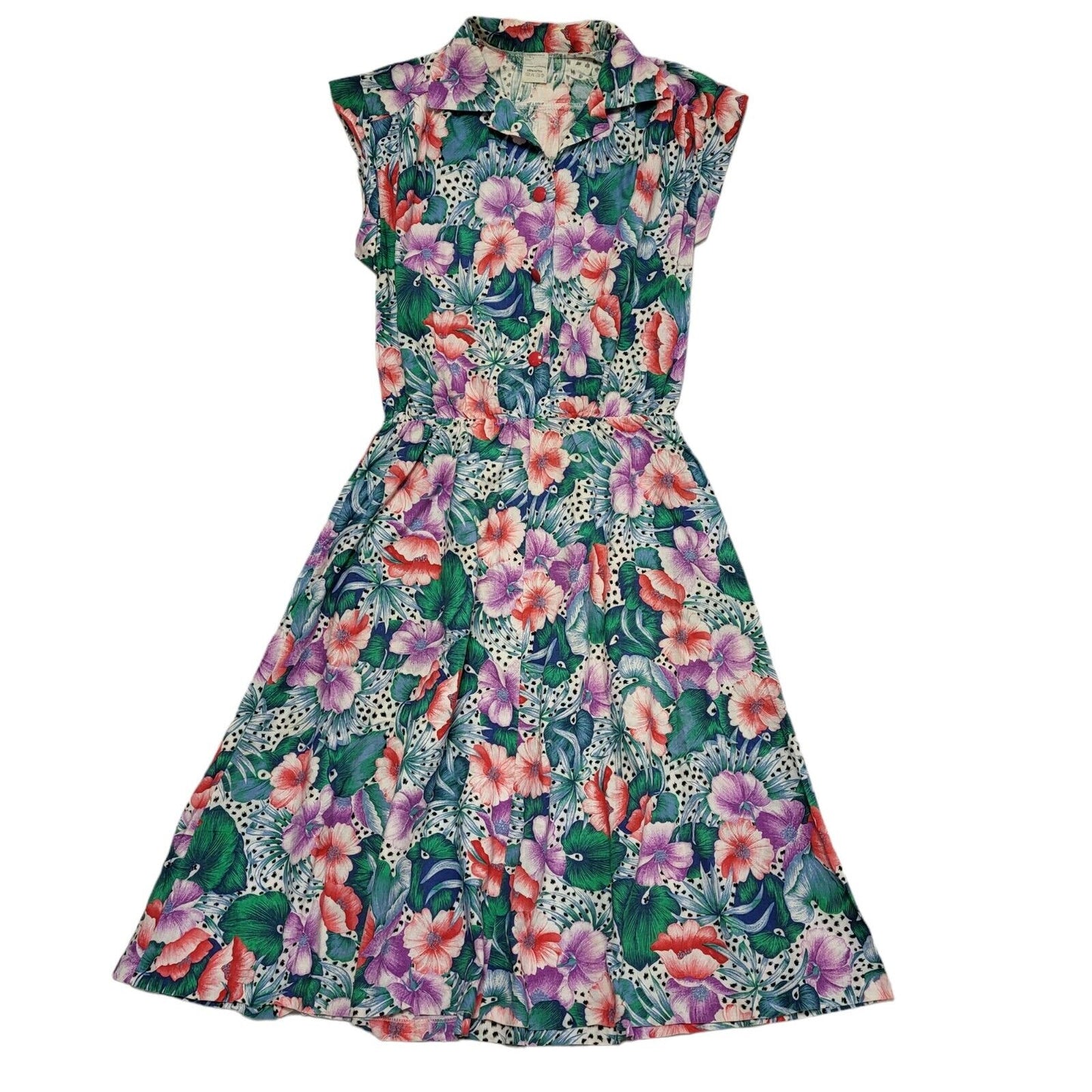 70s Vintage Green Purple Floral Fit & Flare Sleeveless A-Line Dress Women's 12