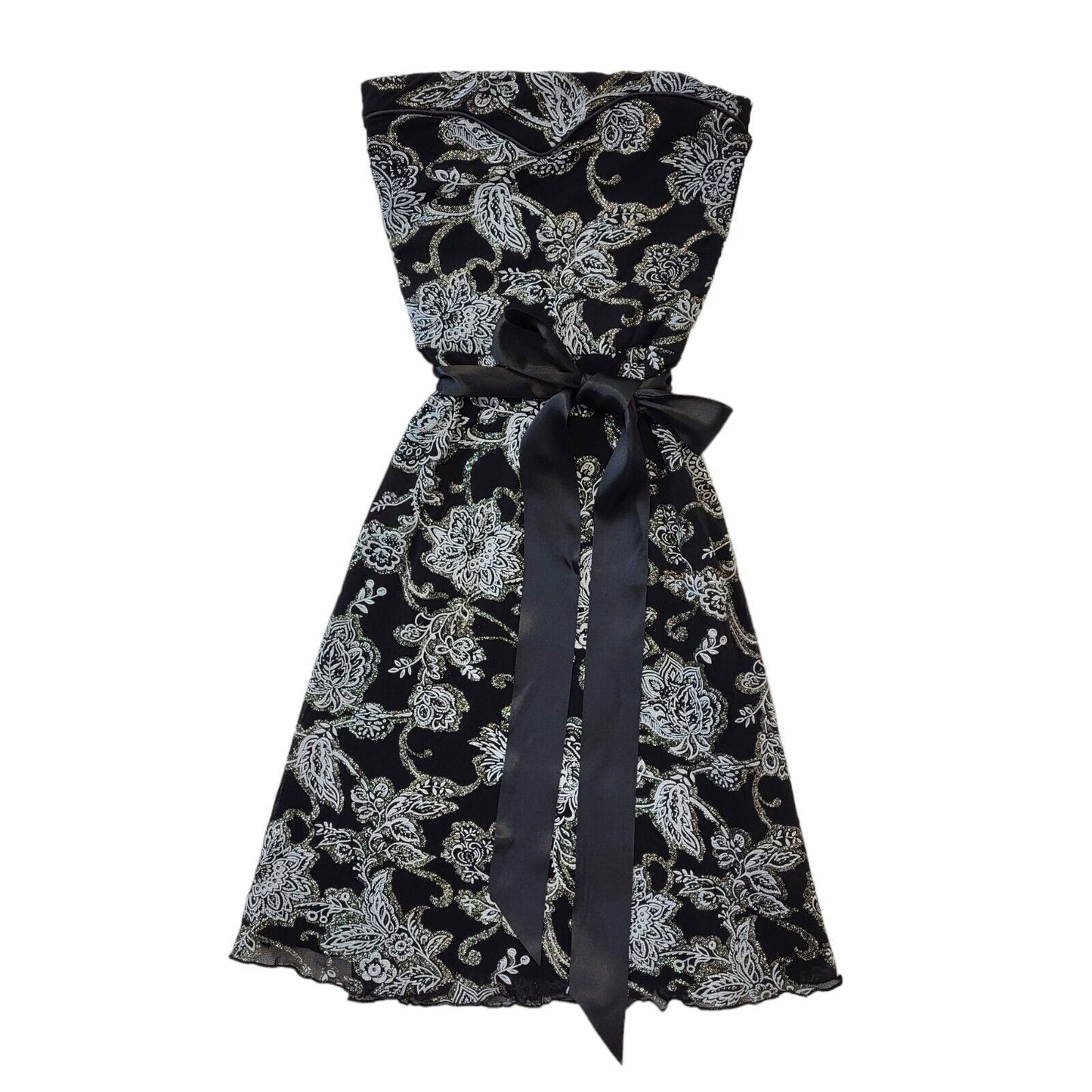 Jane Norman Y2K Strapless Black Glitter Floral Dress UK 10