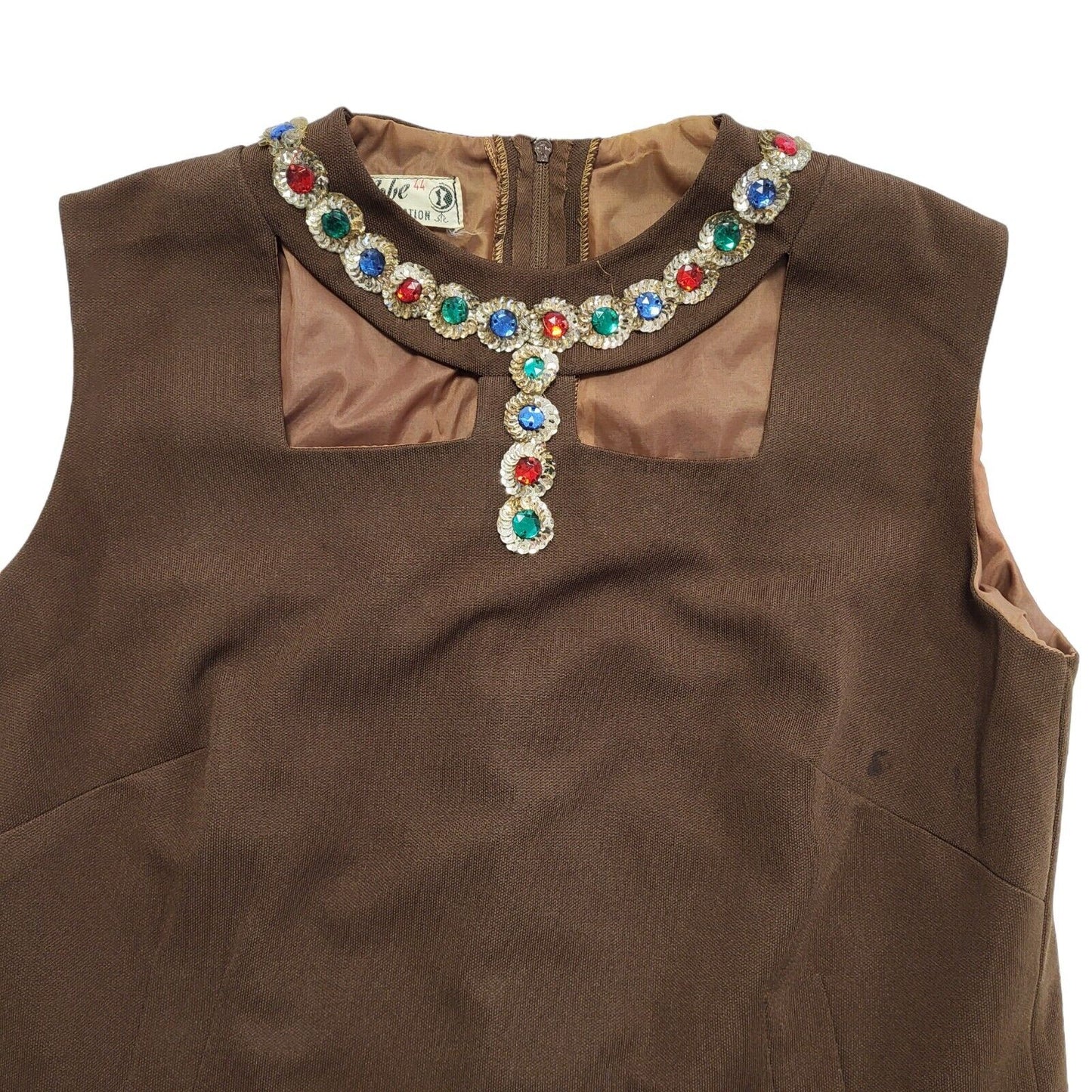 70s Vintage Ma Robe Brown Jewelled Neck Shift Dress Women's 12