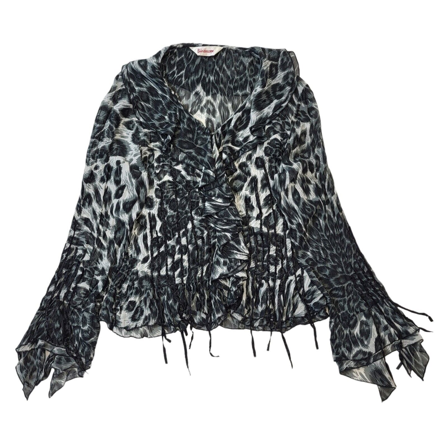 Kaleidoscope Y2K Black & White Leopard Print Sheer Ruffle Blouse Women's 20