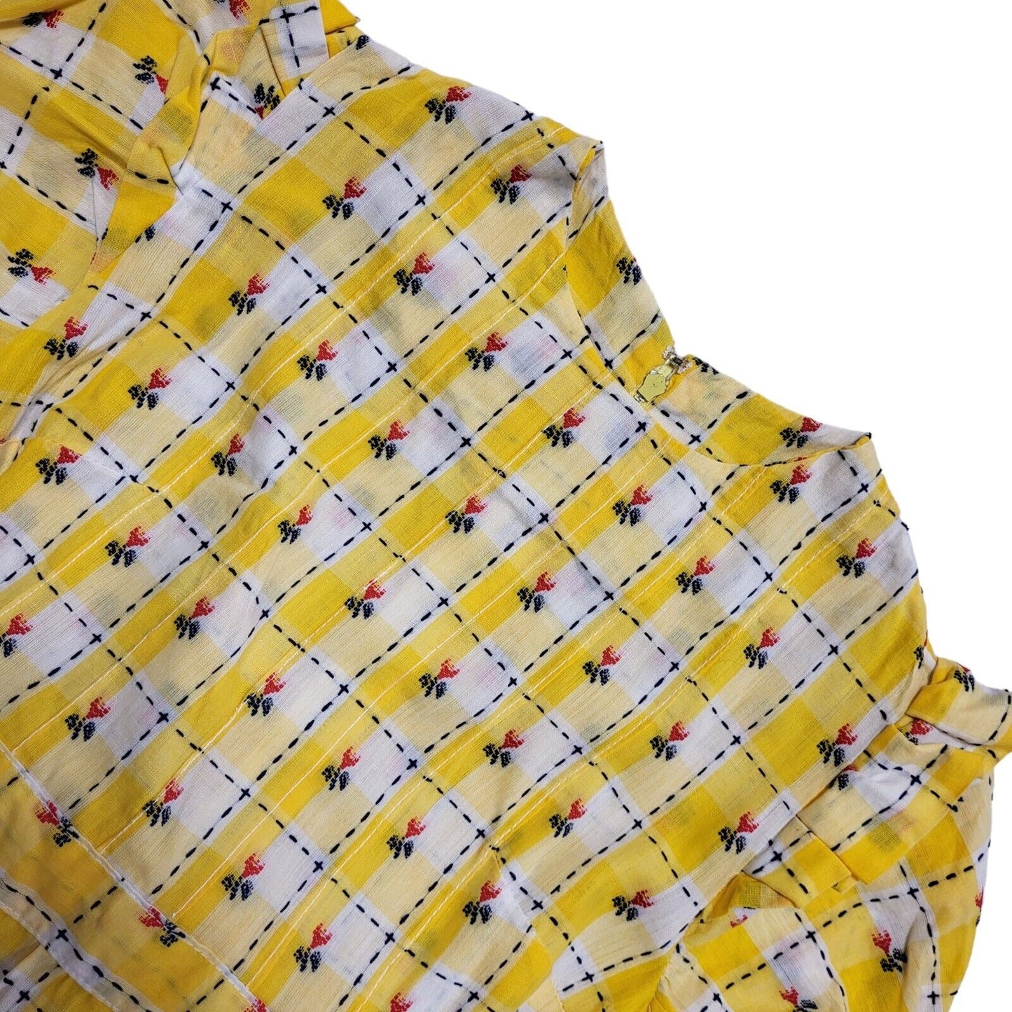 70s Vintage Yellow White Check Fit & Flare Daywear Dress Women's Size 2-4
