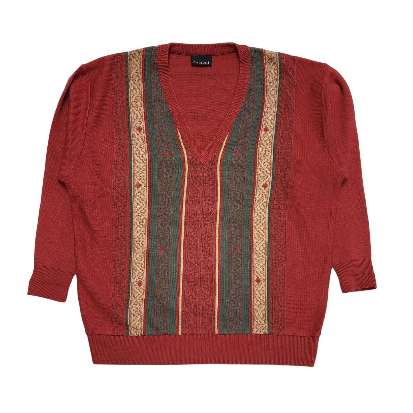 Gabicci Vintage 80s Red Green Striped V-Neck Jumper Men's UK 2XL