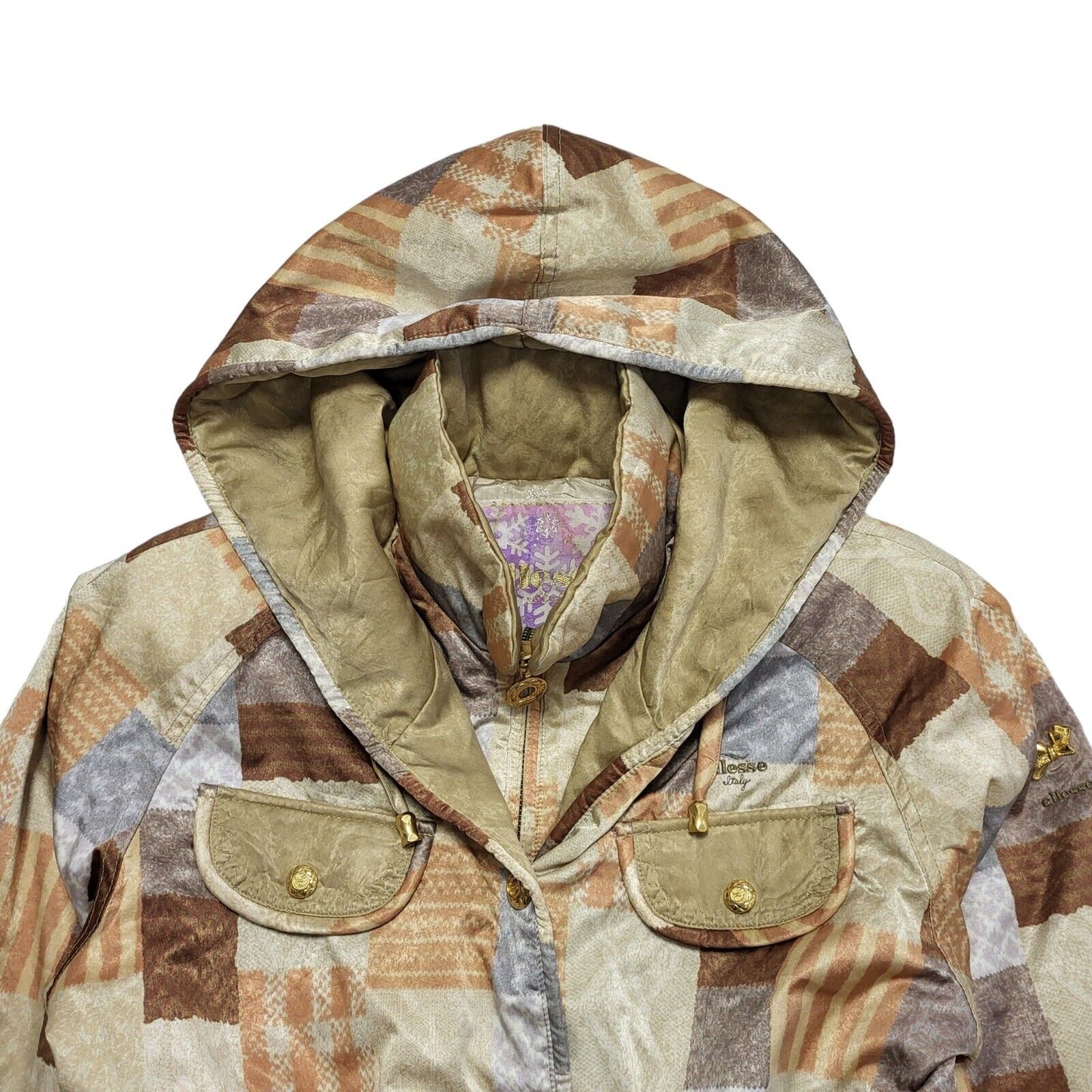 Ellesse Vintage 80's Beige & Brown Patch Hooded Coat Womens UK M