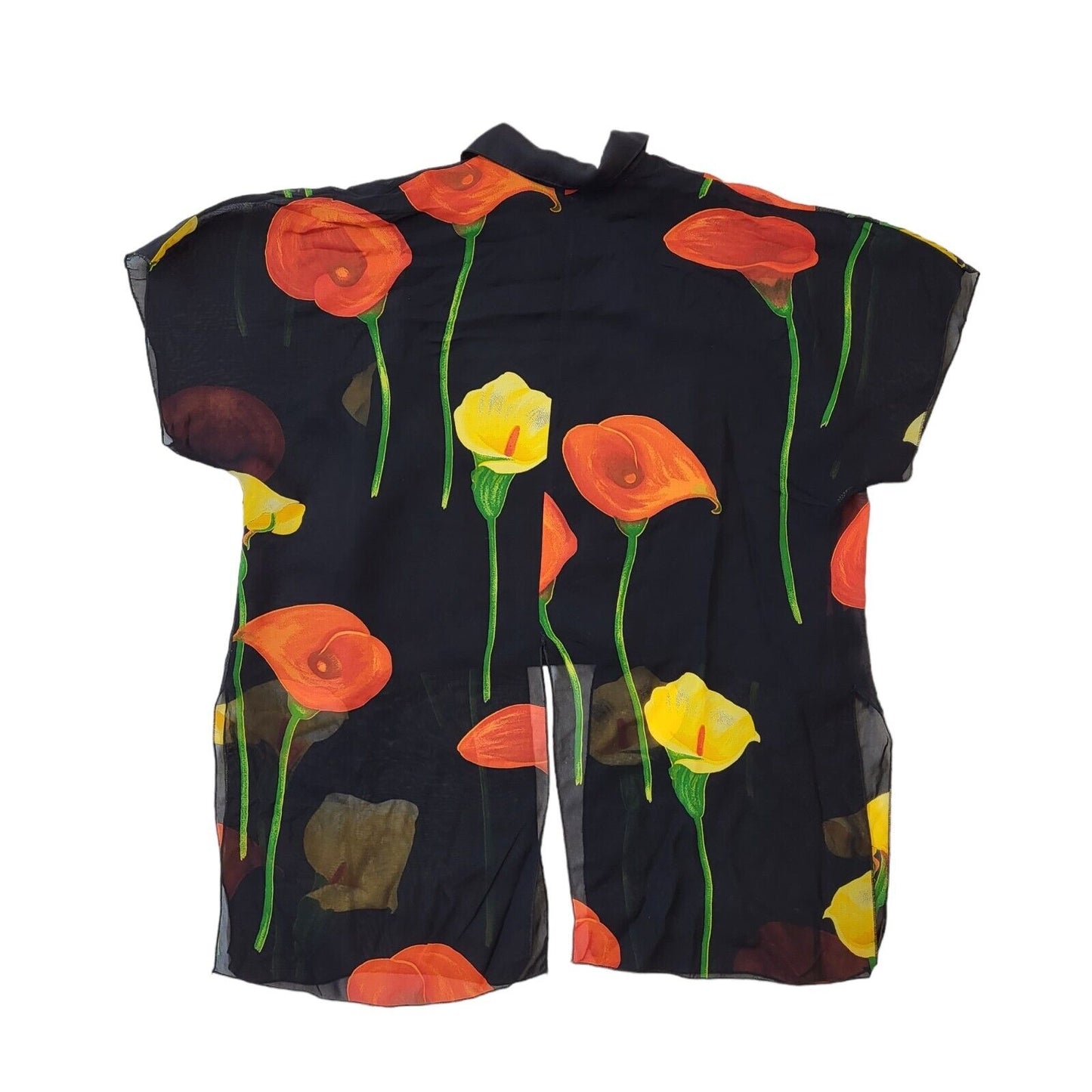 90s Vintage Black, Red & Yellow Floral Short Sleeve Blouse Women's L 12-14