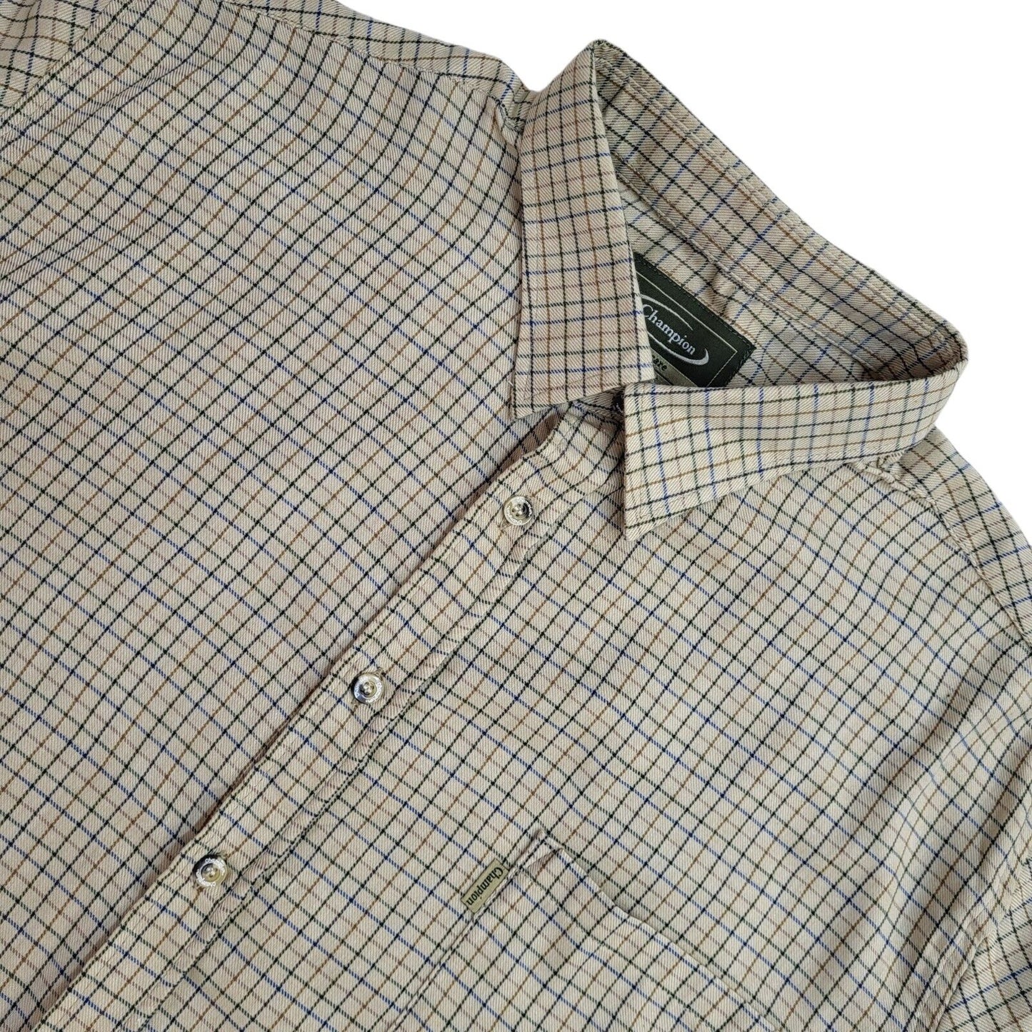 Champion Y2k Green& Blue Check Long Sleeve Shirt Uk Men's Size XL
