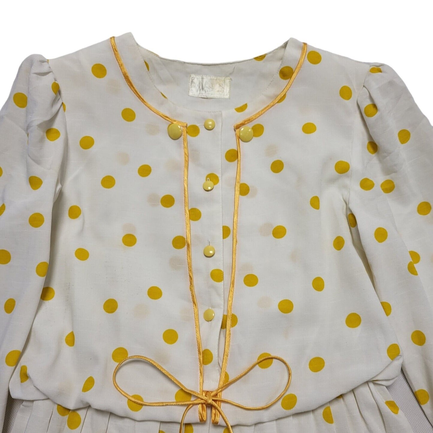 70s Vintage Dame Paris White Mustard Polka Dot Buttone Pleated Dress Women's 12