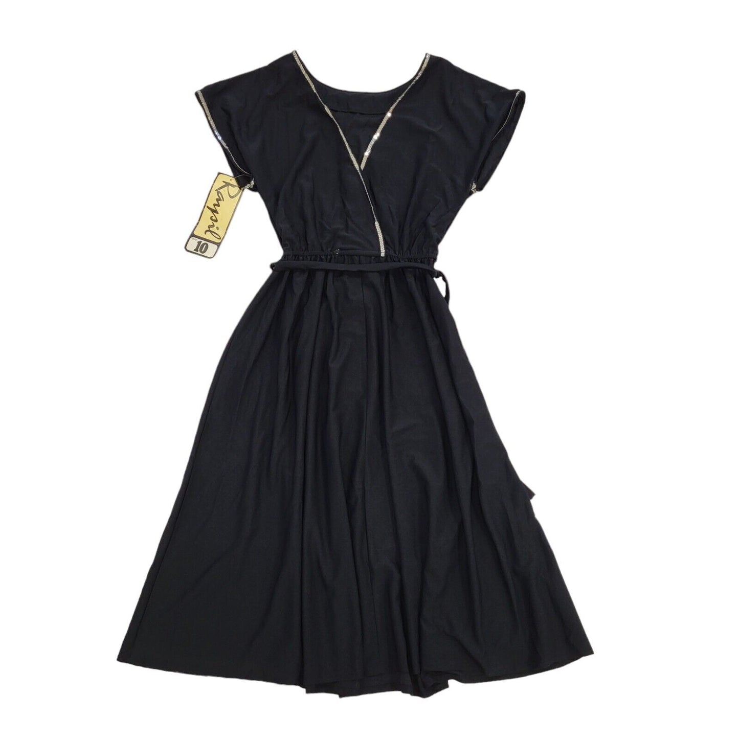 70s Vintage Rampil Black Belted Wrap Fit & Flare Dress Women's Size 10 Bnwt
