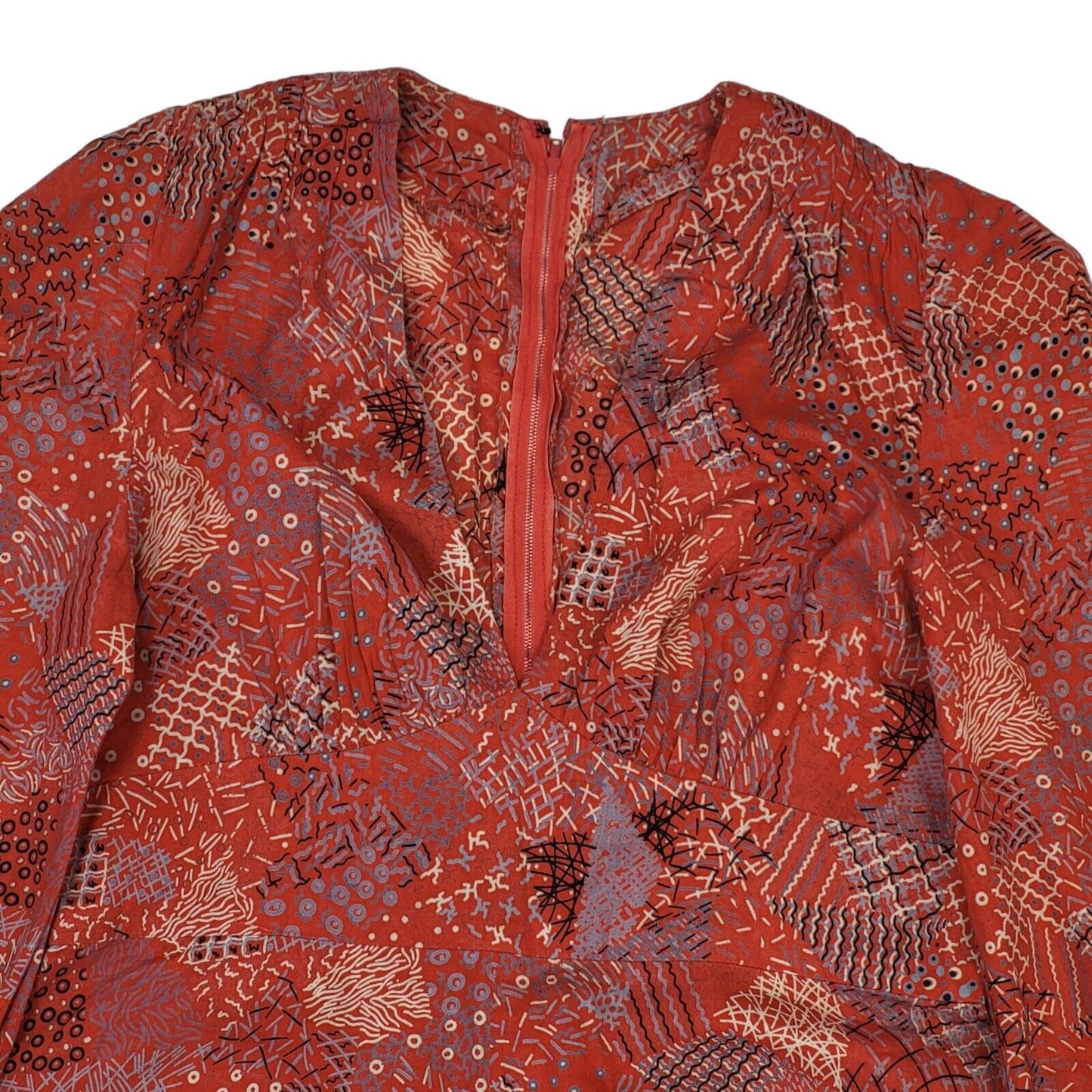70s Vintage Red Patterned Cuffed Sleeve A-Line Maxi Dress Women's 12