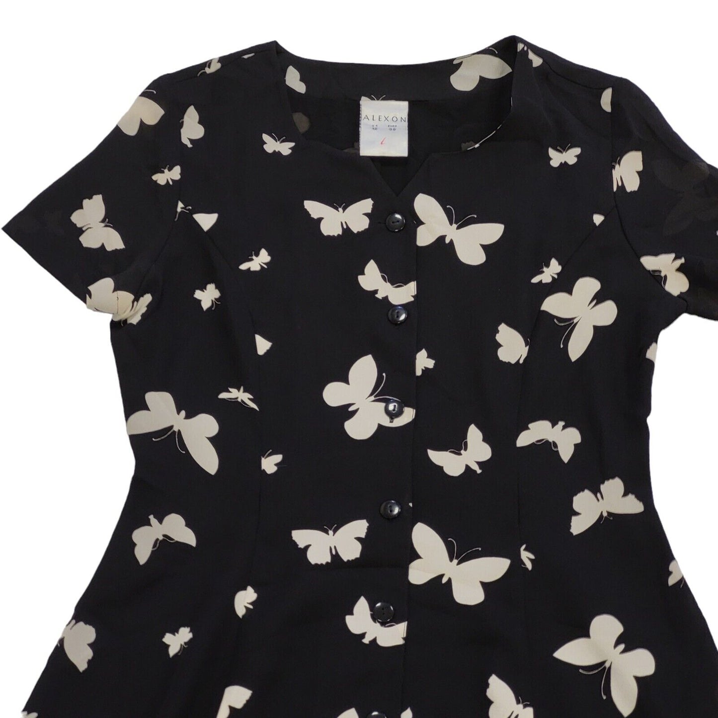 90s Vintage Alexon Black Butterflies Buttoned Daywear Dress Women's Size 12
