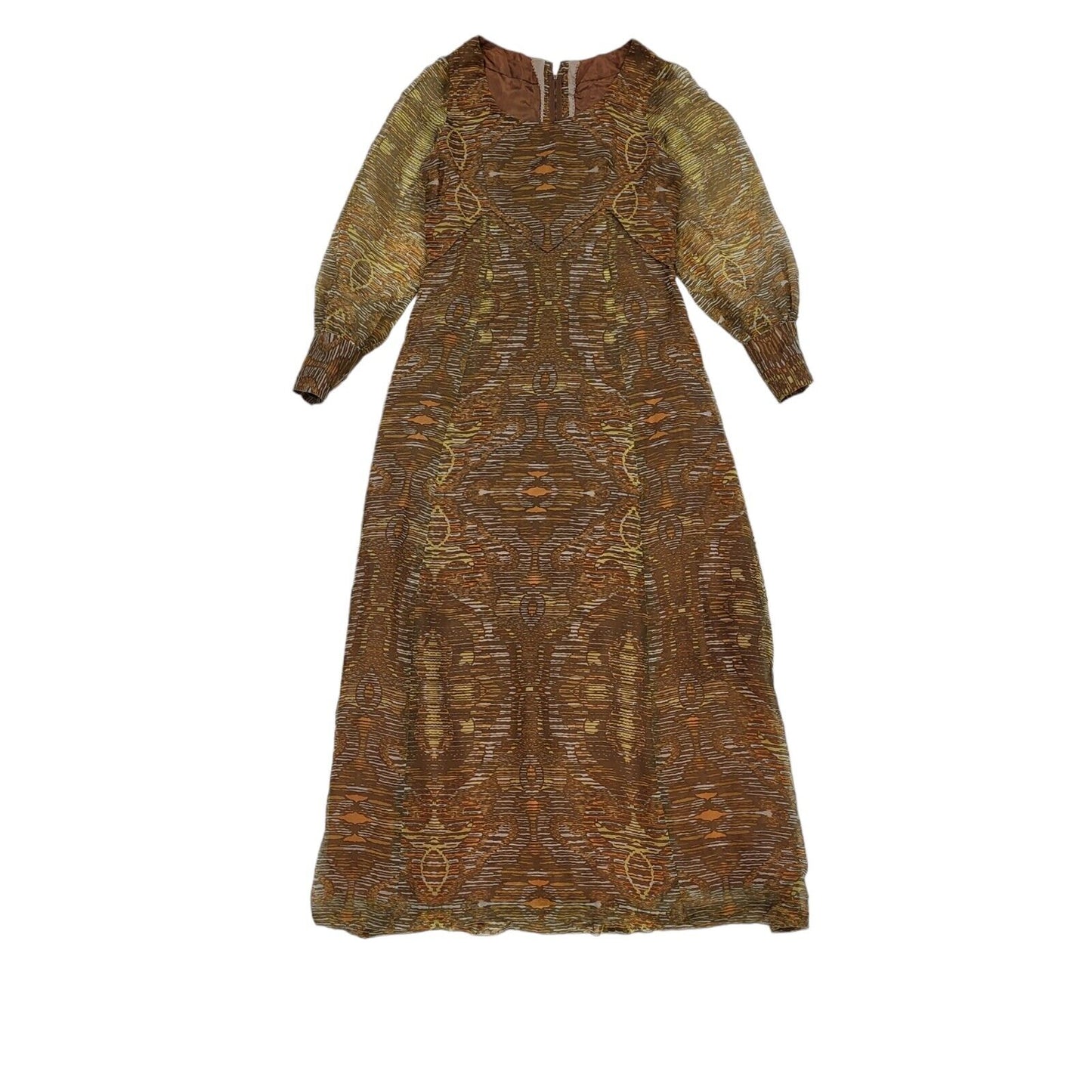 70s Vintage Brown Abstract Patterned Long Sleeved Maxi Dress Women's 10