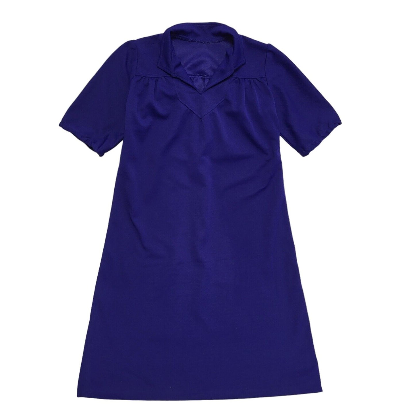 70s Vintage Blue Collared Short Sleeve Shift Dress Women's 14