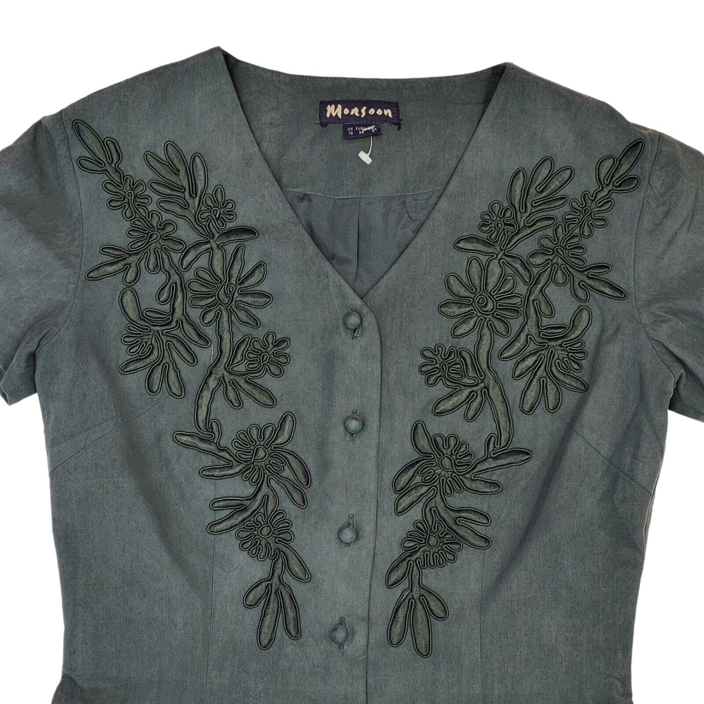 90s Vintage Monsoon Dark Green Silk Buttoned Daywear Dress Women's Size 10