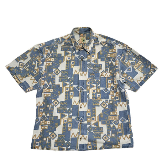 Fashion 90s Blue White Abstract Short Sleeve Retro Shirt Uk Men's Size M