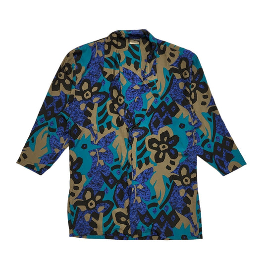 Jacques Vert Vintage 80's Blue Abstract Short Sleeve Blouse Uk Women's Size 14