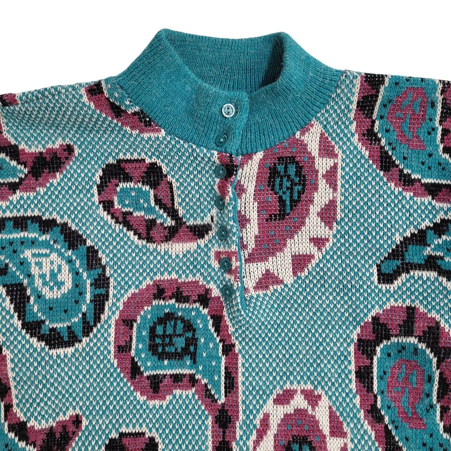 Label Vintage 90's Blue Paisley 1/4  Button Jumper UK Women's Size 14