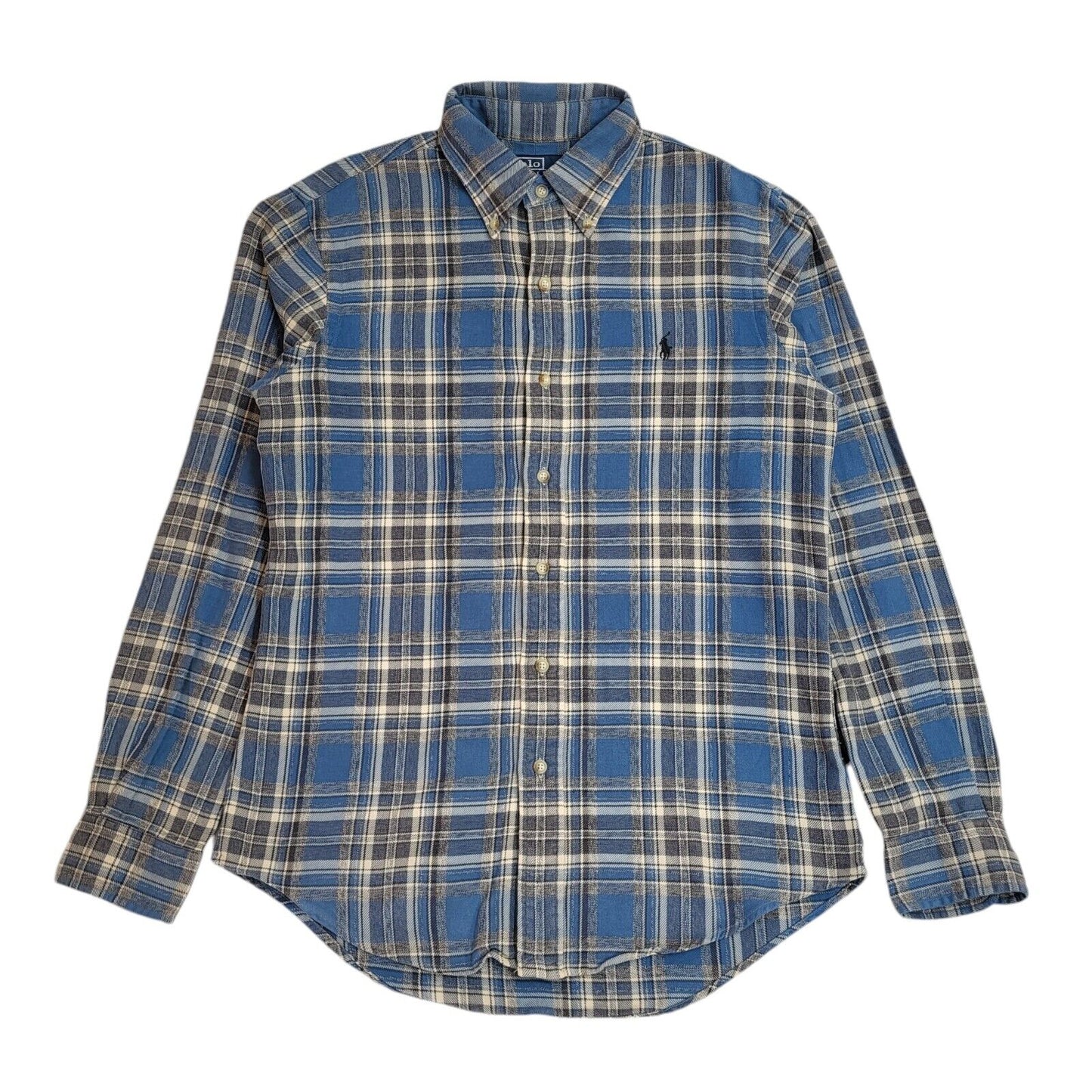 Ralph Lauren 90s Blue & Grey Check Long Sleeve Flannel Shirt Uk Men's Size S