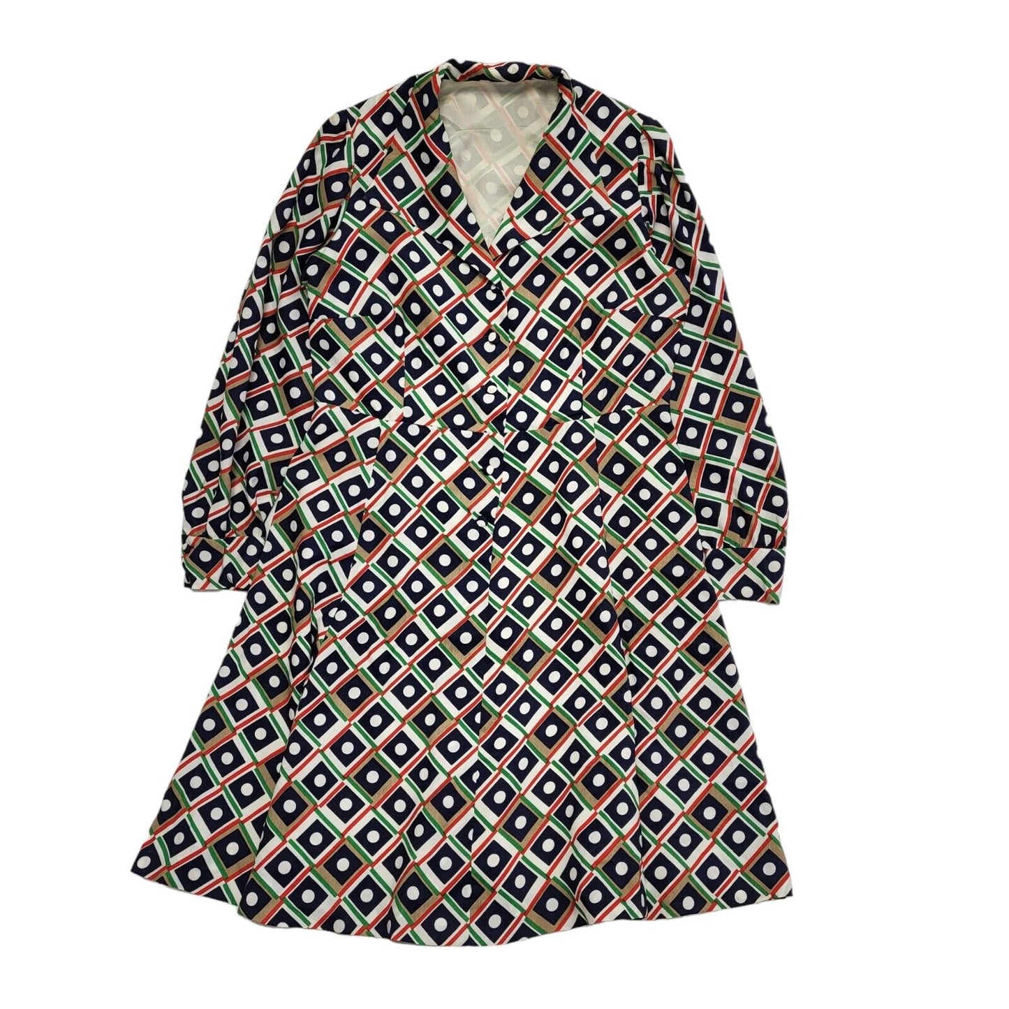 70s Vintage Blue, White, Green & Brown Geometric Collared Dress Women's 14