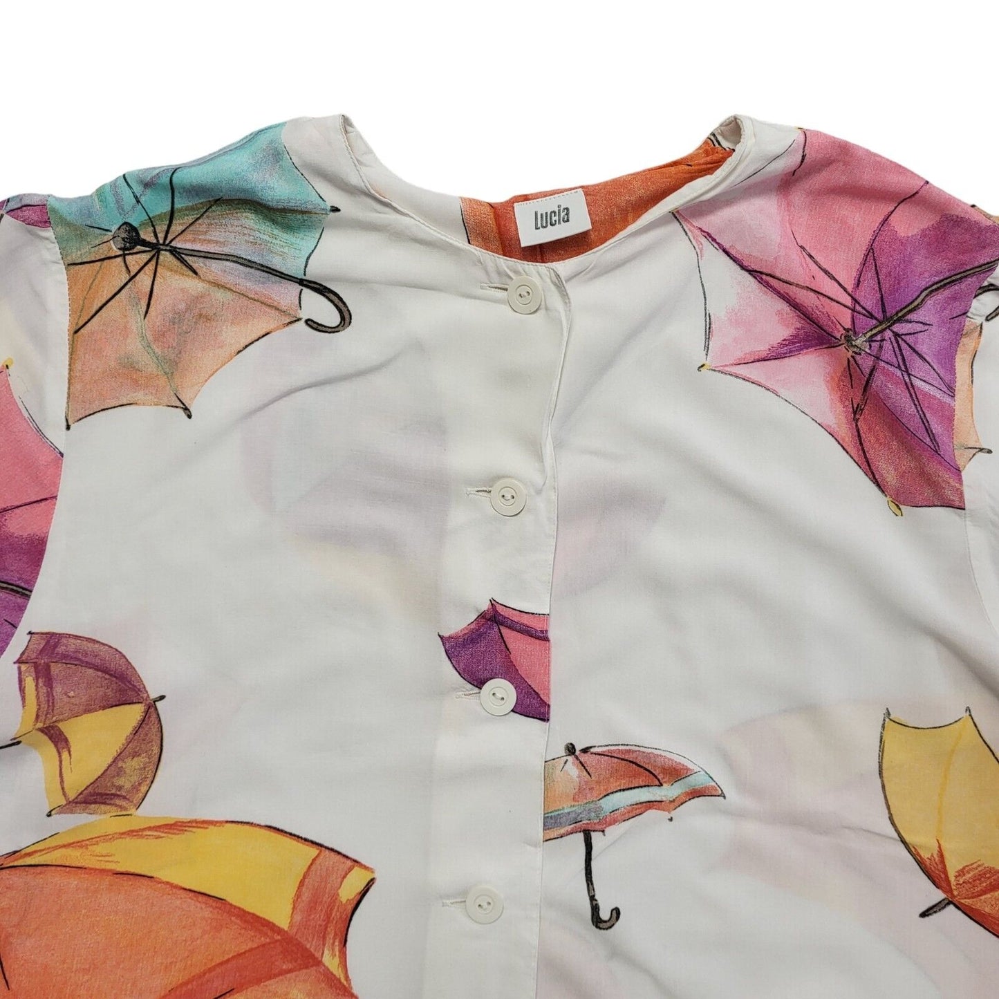 Lucia Vintage 90's White Umbrella Print Short Sleeve Shirt Womens UK 12