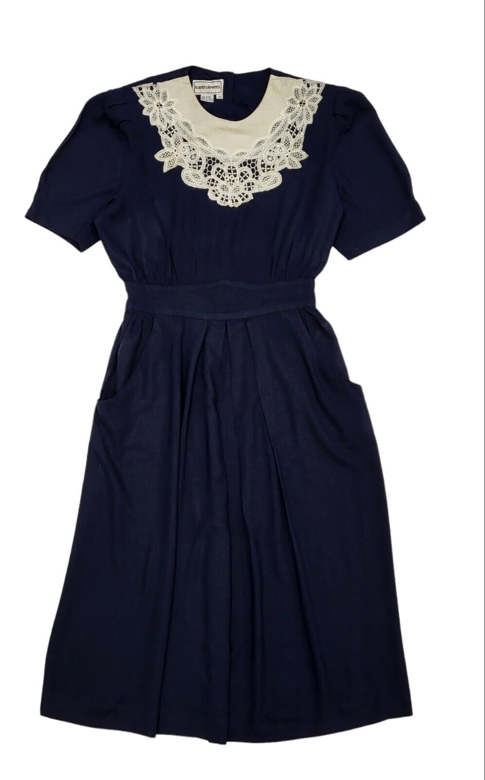 80s Vintage Karin Stevens Navy Lace Trim Dress Women's Size M