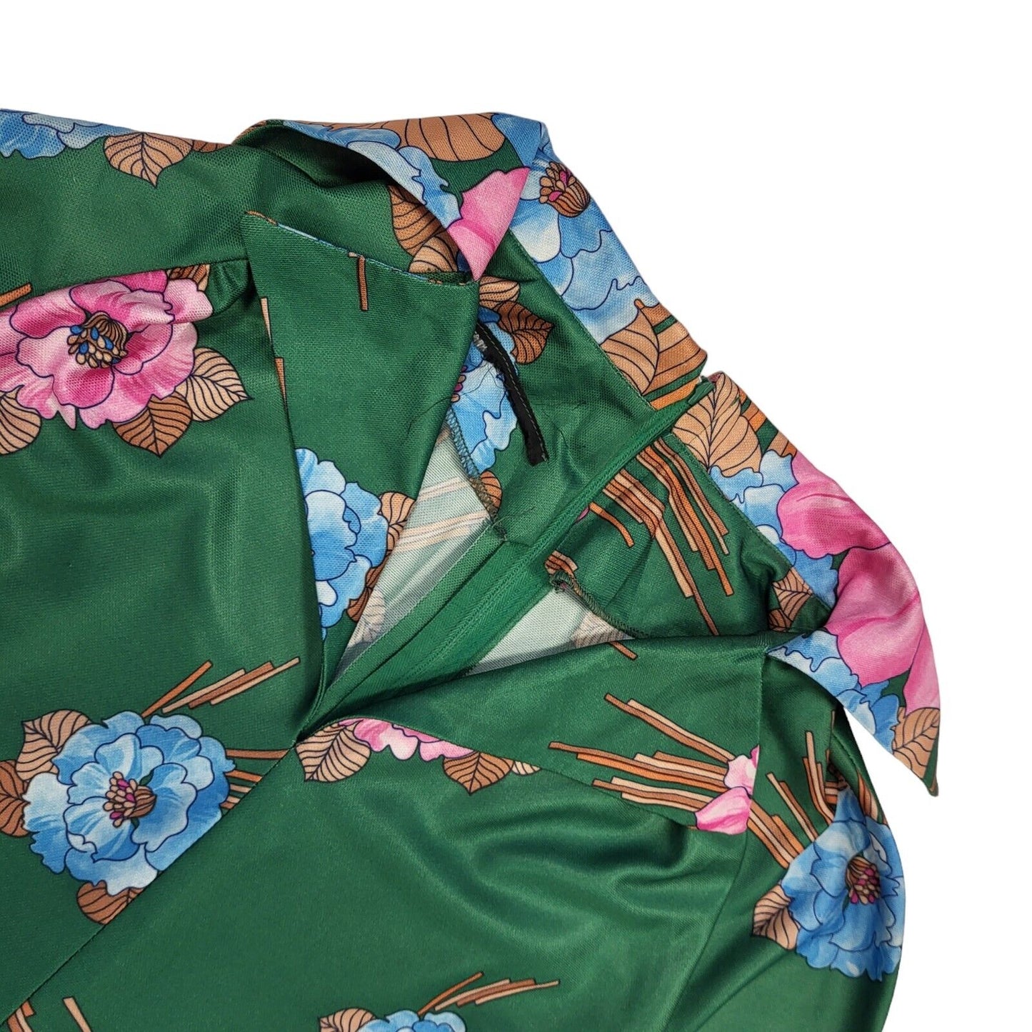 70s Vintage Green Floral V-Neck Collared Shift Dress Women's 12