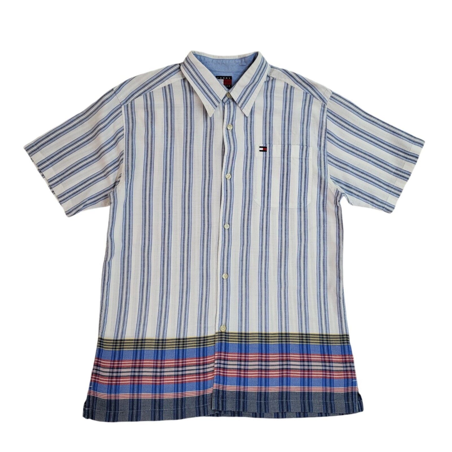 Tommy Hilfiger 90's White & Blue Striped Short Sleeve Shirt Uk Boy's Size L