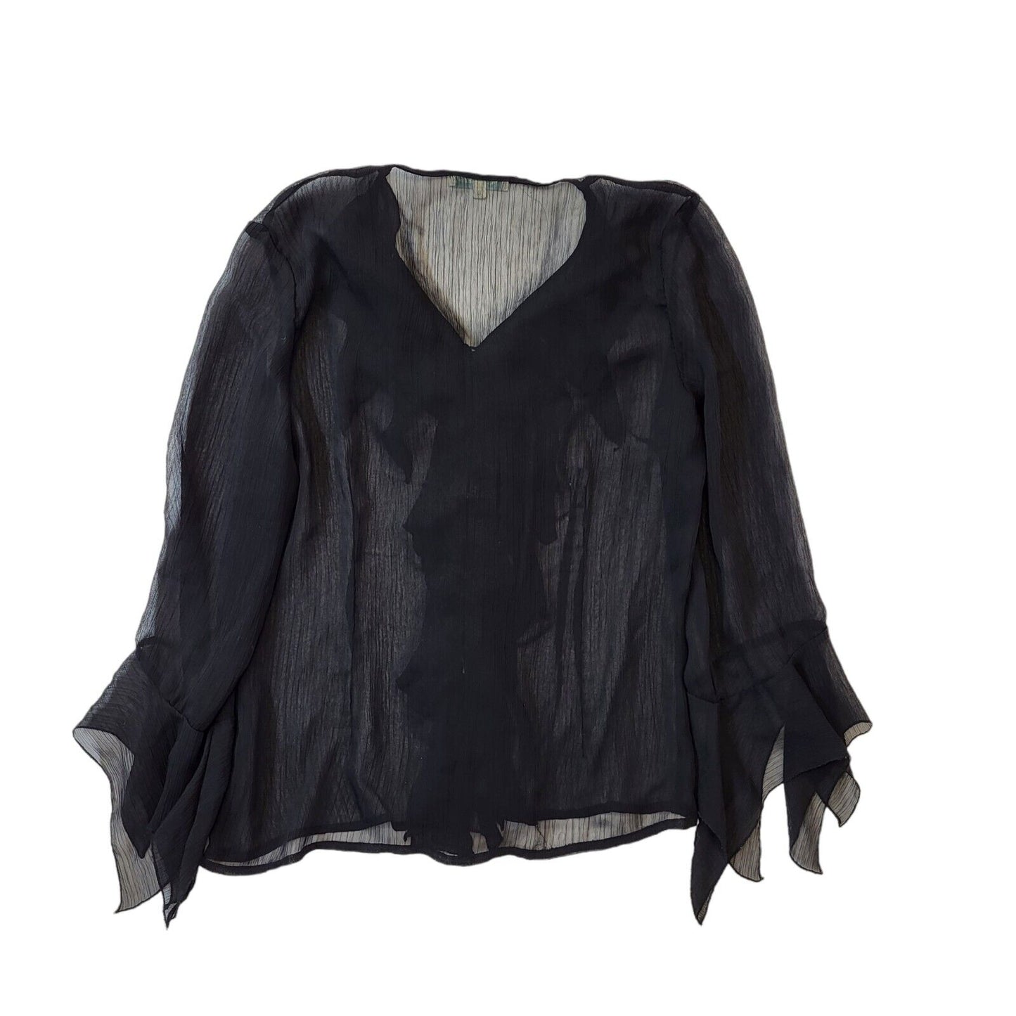 Jacqueline Rio Y2K Black Sheer Button Front Ruffle Blouse Women's Size 10