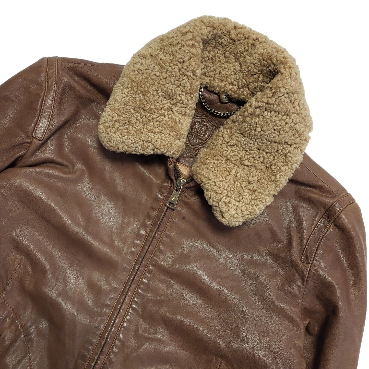 Y2K Brown Zip Up Fur Collared Leather Jacket Women's Size Small