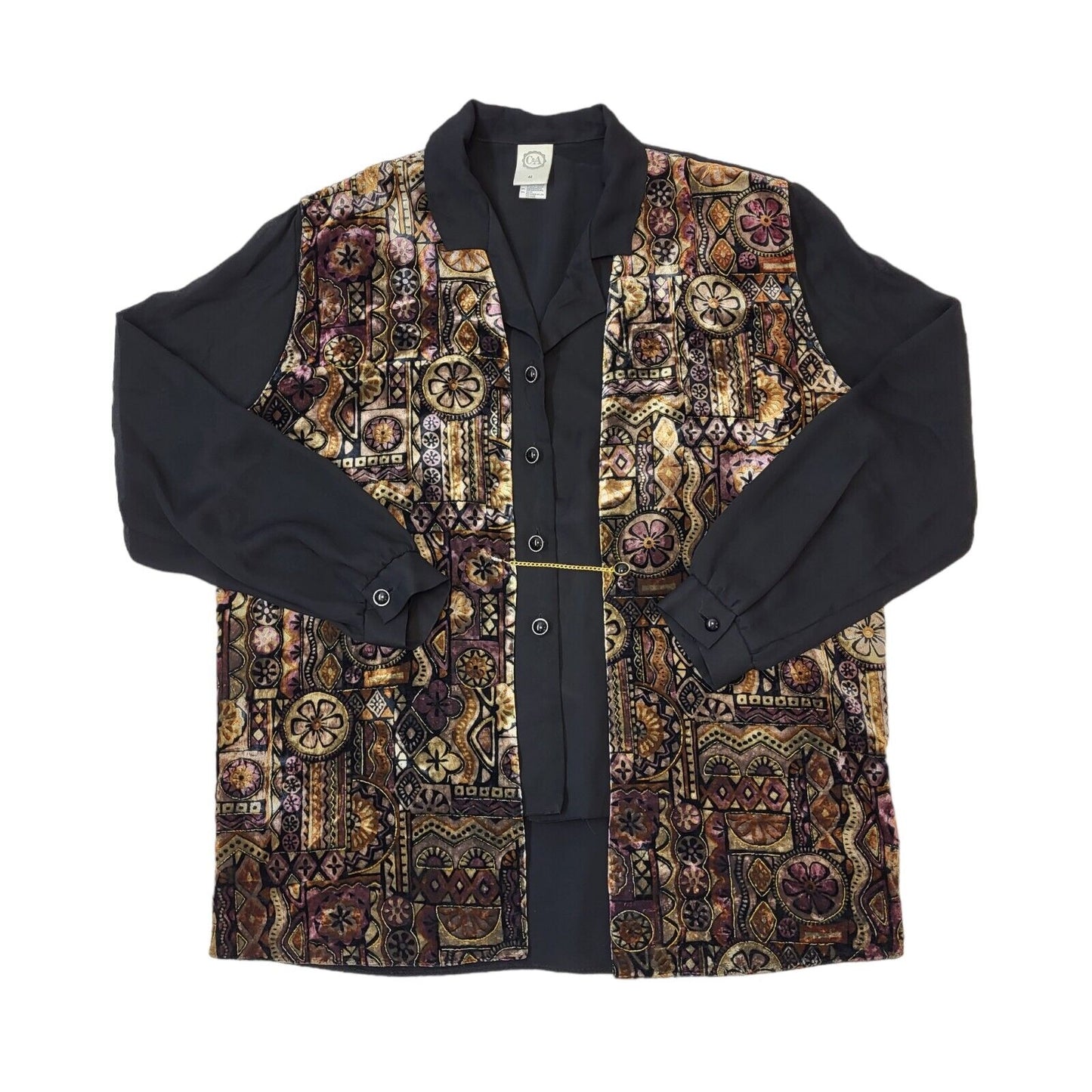 C&A 80s Vintage Black & Gold Abstract Blouse Women's Size 14 Eu 42
