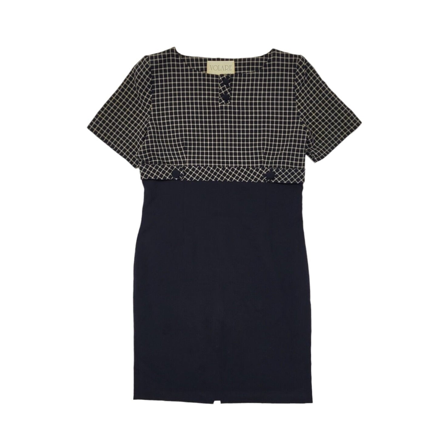 90s Vintage Volare Navy Check Pencil Daywear Dress Women's Size 14