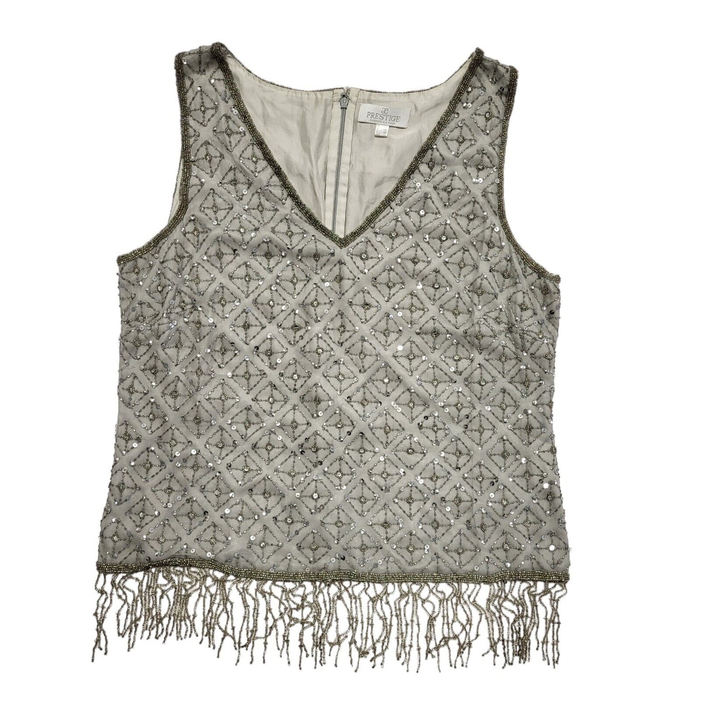 Prestige 90s Vintage Grey Sequin Vest Party Silk Top Women's UK Size 16