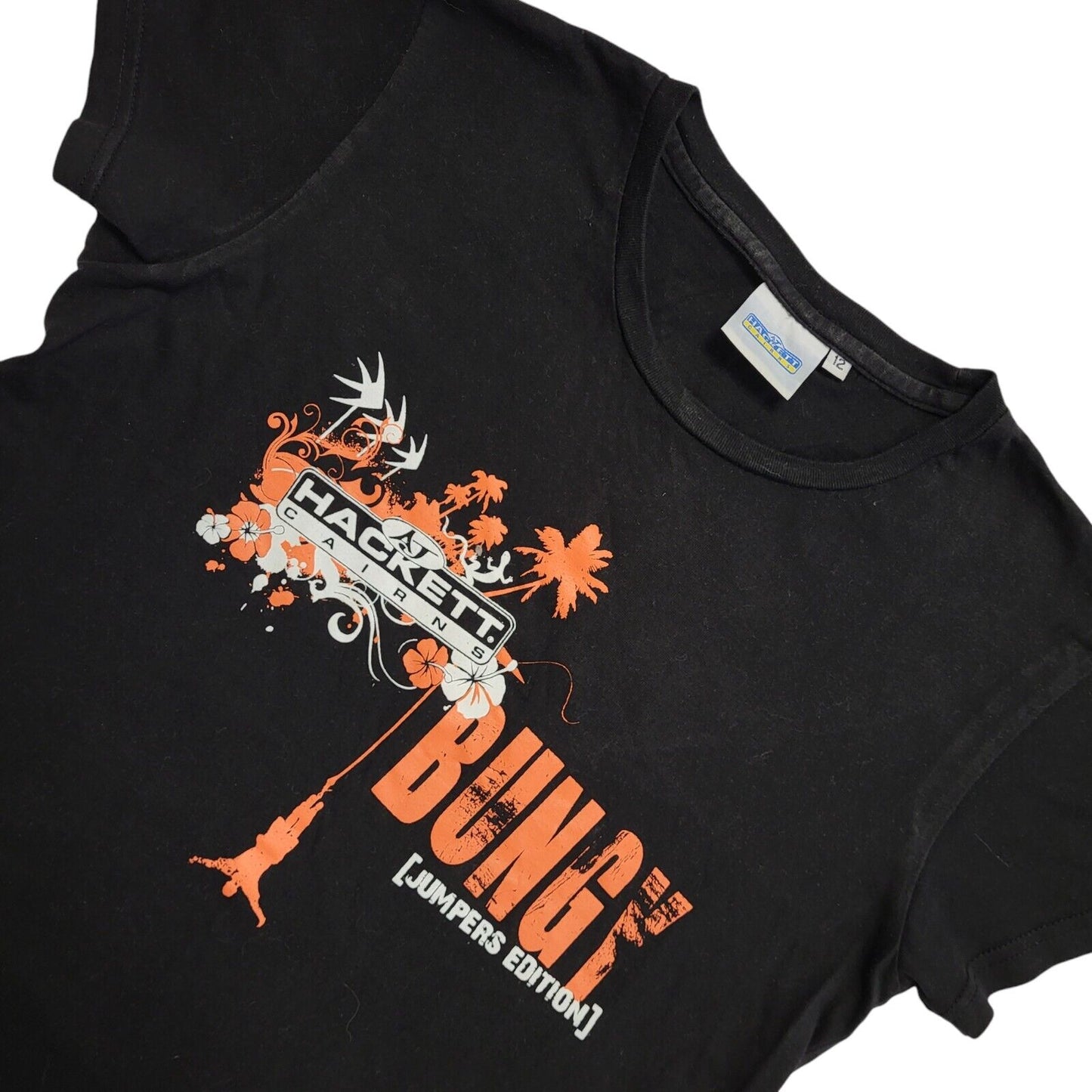 Hackett Cairns Australia Vintage 90's Black Bungy Tourist T-Shirt Womens UK 12