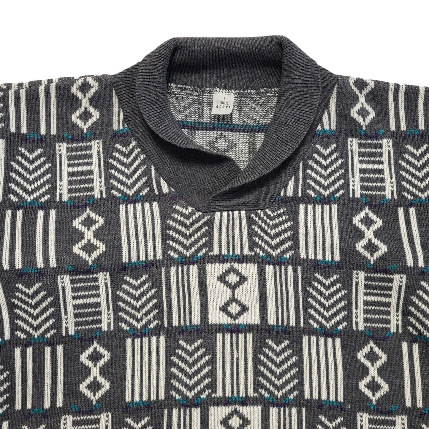 Vintage 80s Grey & White Geometric Collared Jumper Men's UK Large